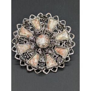 Vintage Silver Tone Filigree Brooch With Pink Confetti Lucite